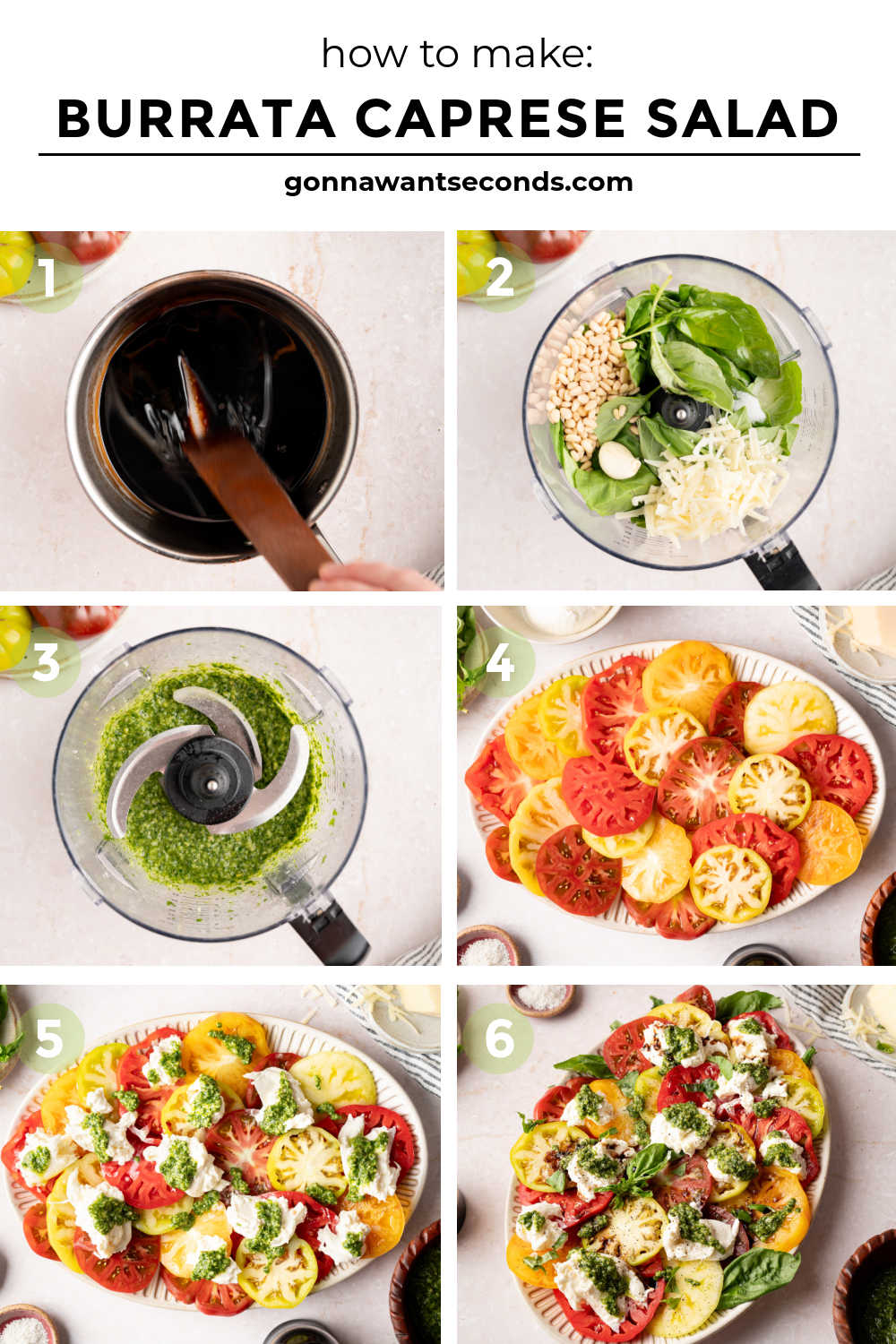 Creamy burrata, juicy tomatoes, basil pesto, and sweet balsamic glaze make this Burrata Caprese Salad feel like the perfect Italian summer restaurant appetizer. #burratacapresesalad #capresesalad step by step how to make burrata caprese salad