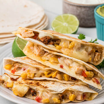 slices of Chicken fajita quesadilla on a plate