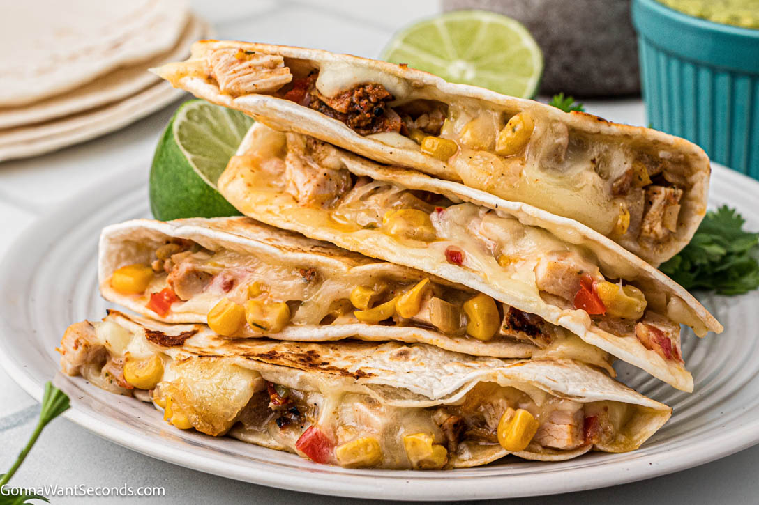 slices of Chicken fajita quesadilla on a plate