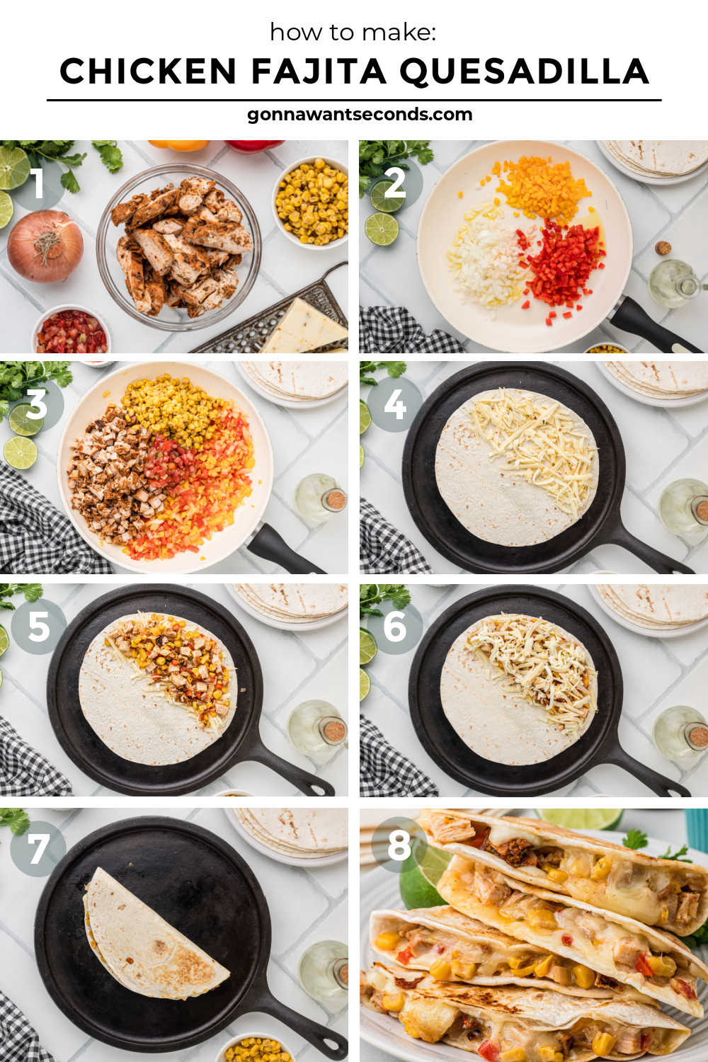 Chicken fajita quesadilla with seasoned chicken, peppers, onions, corn, and melty cheese in a crispy tortilla. Easy, cheesy, and perfect for weeknights. #chickenfajitas #chickenquesadillas step by step how to make chicken fajita quesadilla