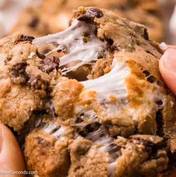 chocolate chip marshmallow cookies broken in half