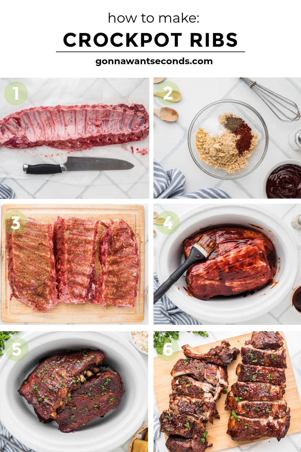 These Crockpot Ribs are tender, juicy, and coated in sticky caramelized BBQ sauce. An easy slow cooker rib recipe everyone loves. #babybackribs #crockpotribs step by step how to make crockpot ribs