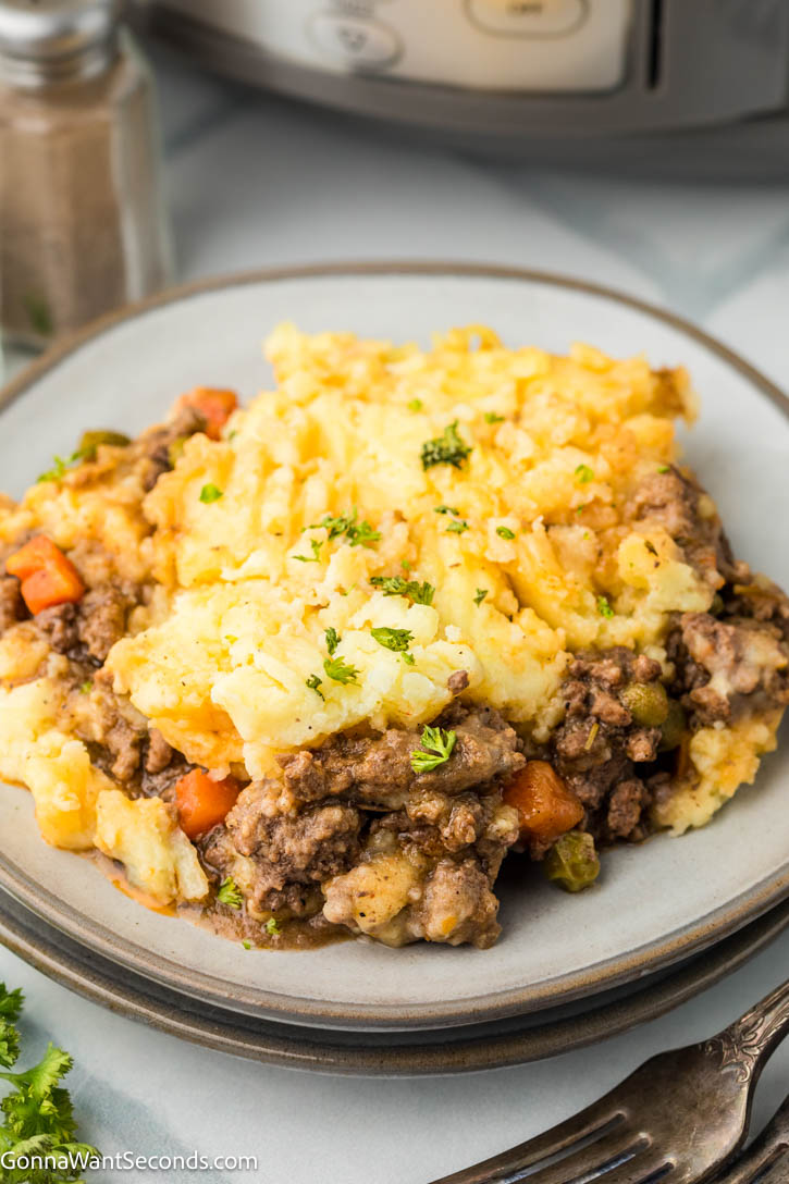 This Crockpot Shepherd's Pie has all the classic flavors: savory beef, rich gravy, tender vegetables, and creamy mashed potatoes, without the fuss of baking. #shepherdspie #crockpotrecipes Crockpot Shepherd's Pie on a plate