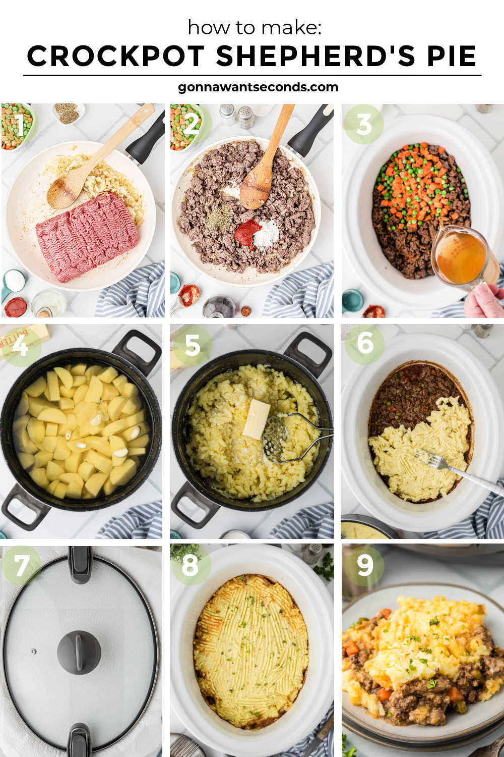 This Crockpot Shepherd's Pie has all the classic flavors: savory beef, rich gravy, tender vegetables, and creamy mashed potatoes, without the fuss of baking. #shepherdspie #crockpotrecipes step by step how to make crockpot shepherd's pie