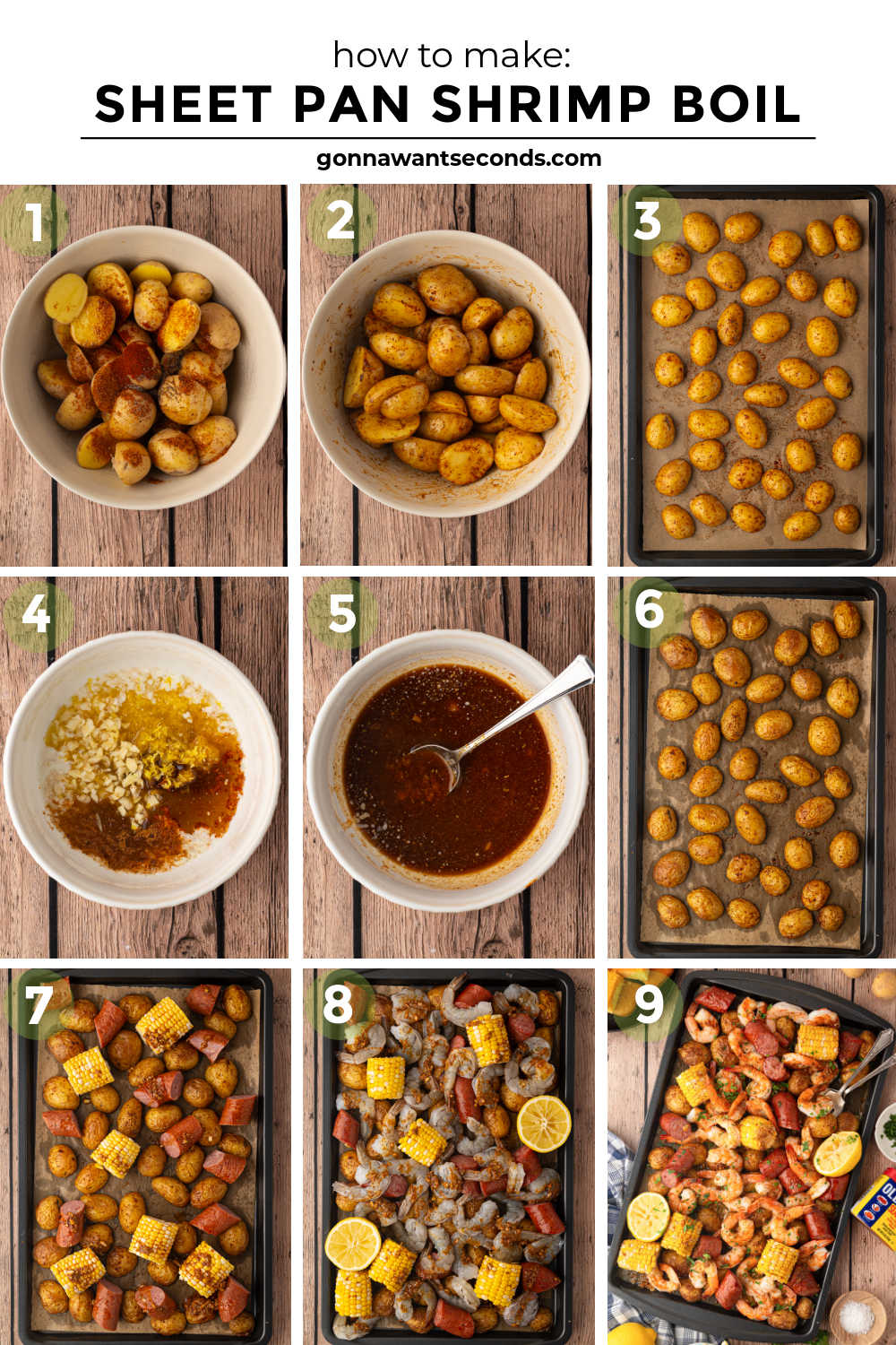 This Sheet Pan Shrimp Boil Recipe is loaded with juicy shrimp, smoky sausage, corn, and potatoes roasted in seasoned garlic butter for an easy one-pan dinner. #shrimpboil #sheetpanrecipes step by step how to make sheet pan shrimp boil