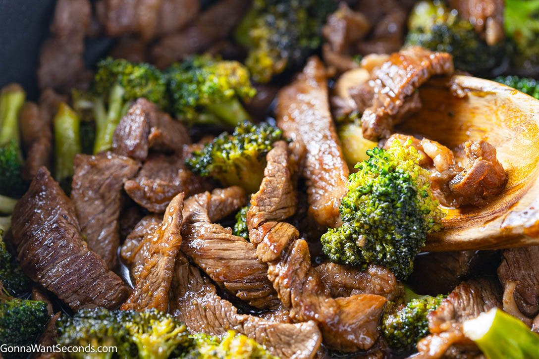 close up teriyaki beef and broccoli