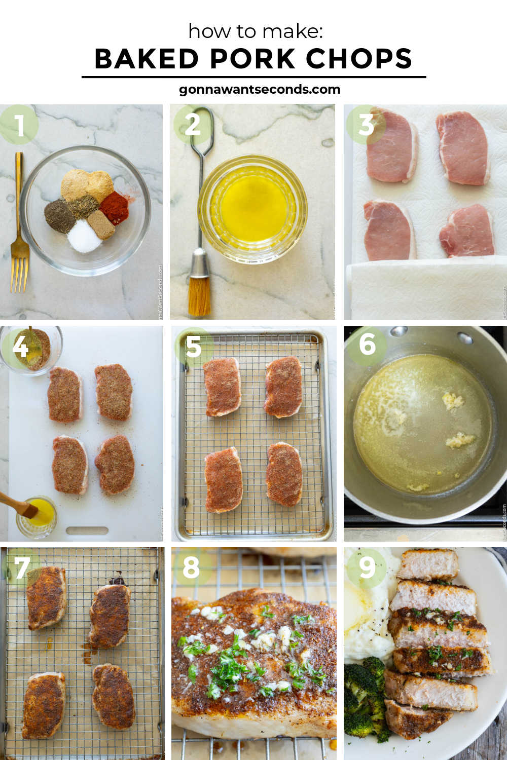 These juicy Baked Pork Chops are seasoned with pantry spices, baked to perfection, and finished with rich garlic butter. An easy 30-minute dinner the whole family will love. #bakedporkchops #porkchops Step by step how to make Baked Pork Chops