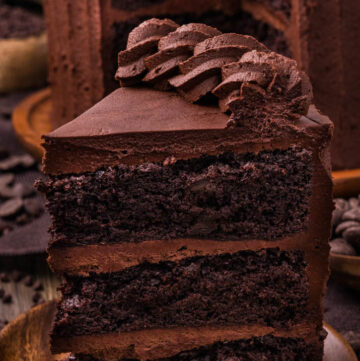A slice of Chocolate Fudge Cake showing layers inside