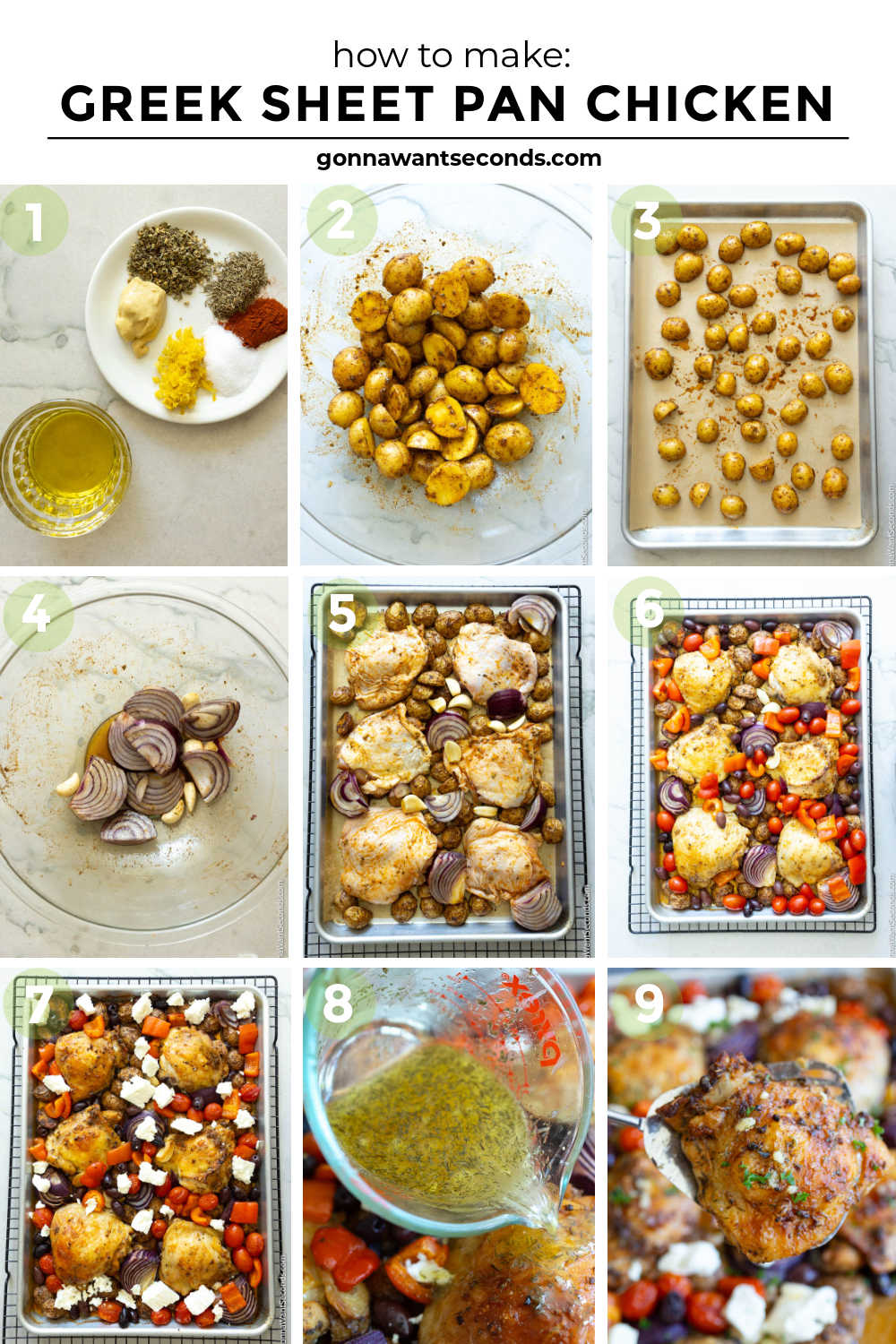 Greek sheet pan chicken with juicy thighs, tender potatoes, colorful vegetables, feta, and a bright lemon-herb sauce. An easy one-pan dinner. #greekchicken #sheetpanchicken Step by step how to make Greek sheet pan chicken