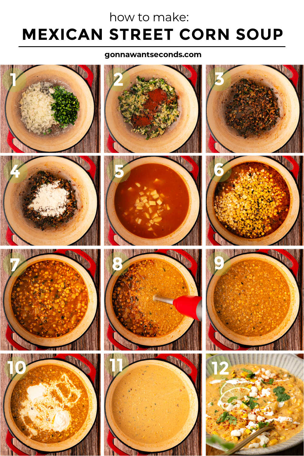 This Mexican Street Corn Soup is rich and creamy with sweet corn, smoky poblano, tender potatoes, lime, cotija, and all your favorite elote flavors. #mexicansoup #streetcornsoup Step by step how to make Mexican Street Corn Soup