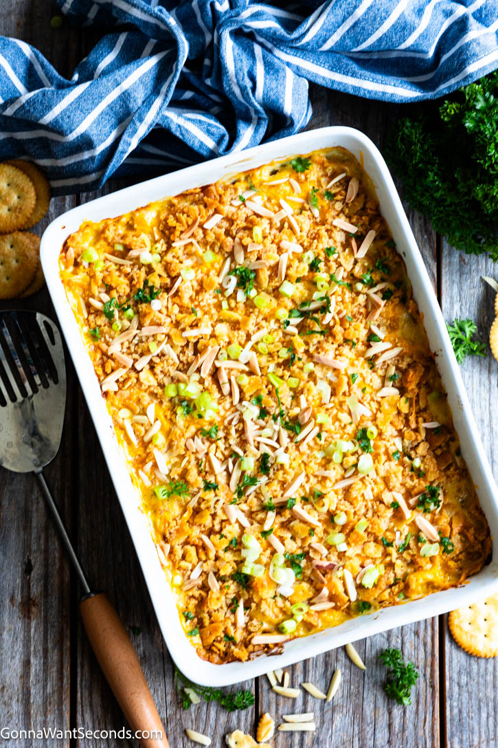 Neiman Marcus Chicken Casserole is creamy, cheesy, and loaded with tender chicken, bacon, and a buttery Ritz cracker topping. #chickencasserole #neimanmarcus Neiman Marcus Chicken Casserole top shot