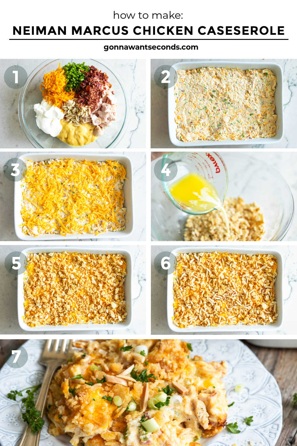 Neiman Marcus Chicken Casserole is creamy, cheesy, and loaded with tender chicken, bacon, and a buttery Ritz cracker topping. #chickencasserole #neimanmarcus Step by step how to make Neiman Marcus chicken casserole