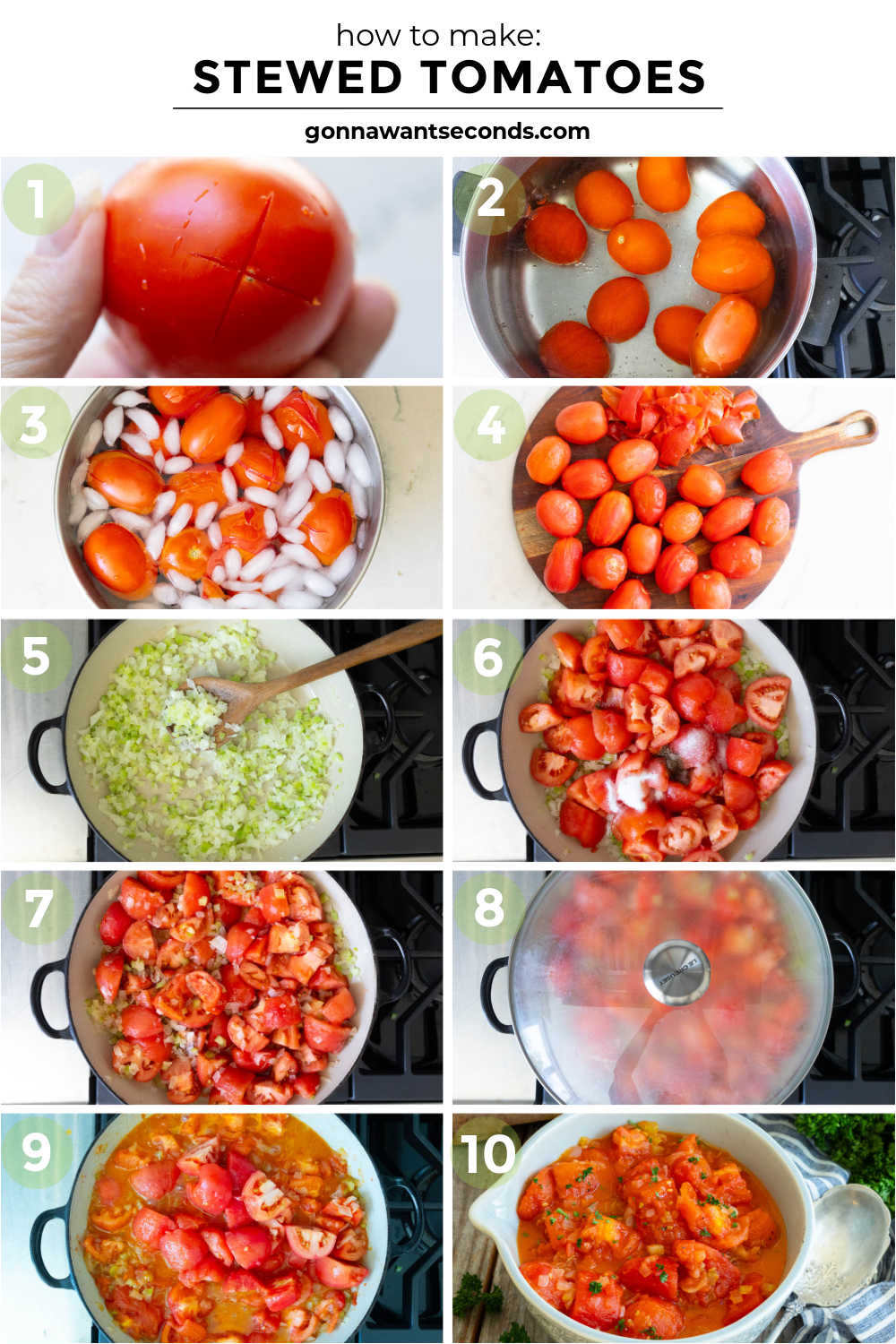 Learn how to make old-fashioned Stewed Tomatoes with fresh Roma tomatoes, onion, celery, butter, and a touch of sugar for a classic comfort-food side. #stewedtomatoes #sidedishes step by step how to make stewed tomatoes