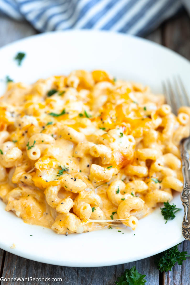 Tini’s Mac and Cheese is ultra creamy, cheesy, and packed with flavor. This viral mac and cheese recipe bakes up rich with the perfect cheese pull. #tinismacandcheese #macncheese Tini’s Mac and Cheese on a plate