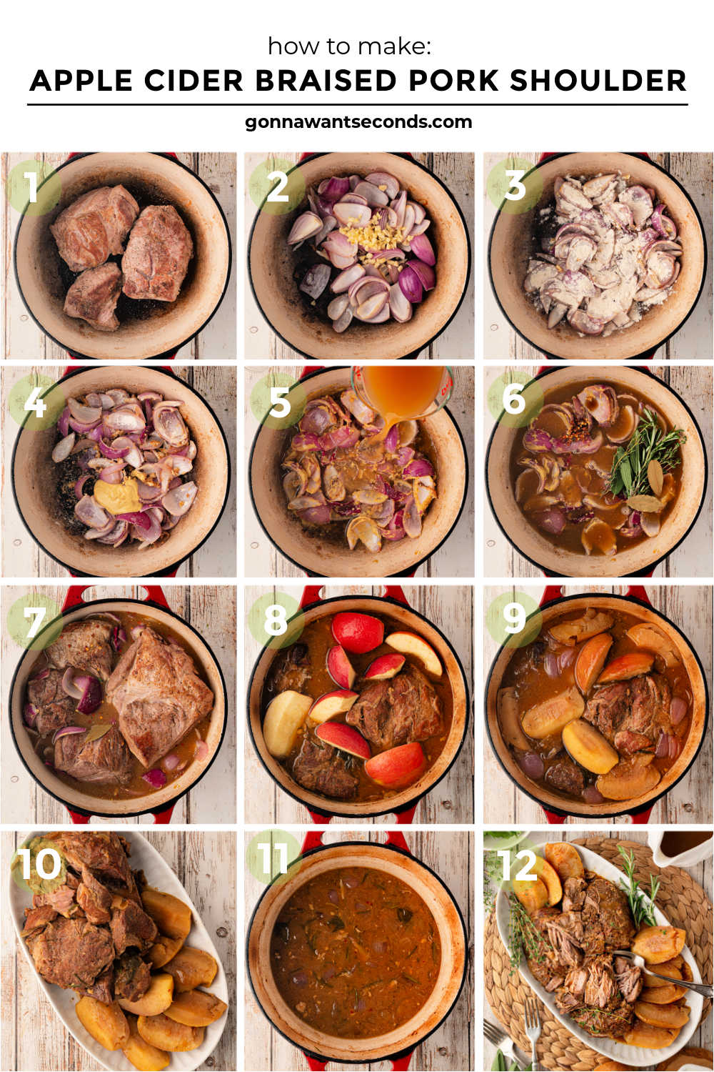 Apple cider braised pork shoulder cooks low and slow until fall-apart tender, with sweet-tart apples, red onions, and a savory cider-Dijon sauce. #braisedporkshoulder #appleciderbraisedpork step by step how to make Apple cider braised pork shoulder