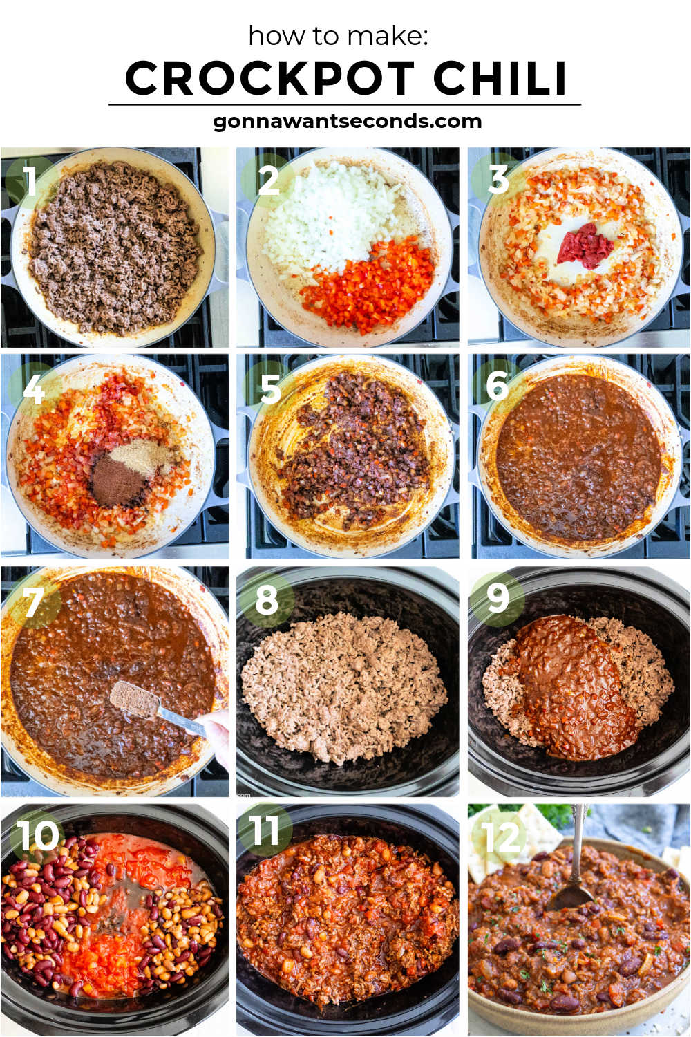 This easy Crockpot Chili is loaded with ground beef, beans, tomatoes, and classic spices, slow-cooked into a rich, thick, hearty family dinner. #crockpotchili #chili Step by step how to make Crockpot Chili