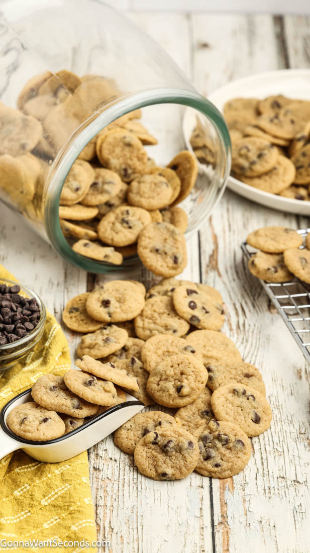 These Mini Chocolate Chip Cookies are soft, chewy, and perfectly bite-sized, with plenty of mini chocolate chips in every little cookie. #chocolatechipcookies #cookies A tipped glass cookie jar spills Mini Chocolate Chip Cookies on the table