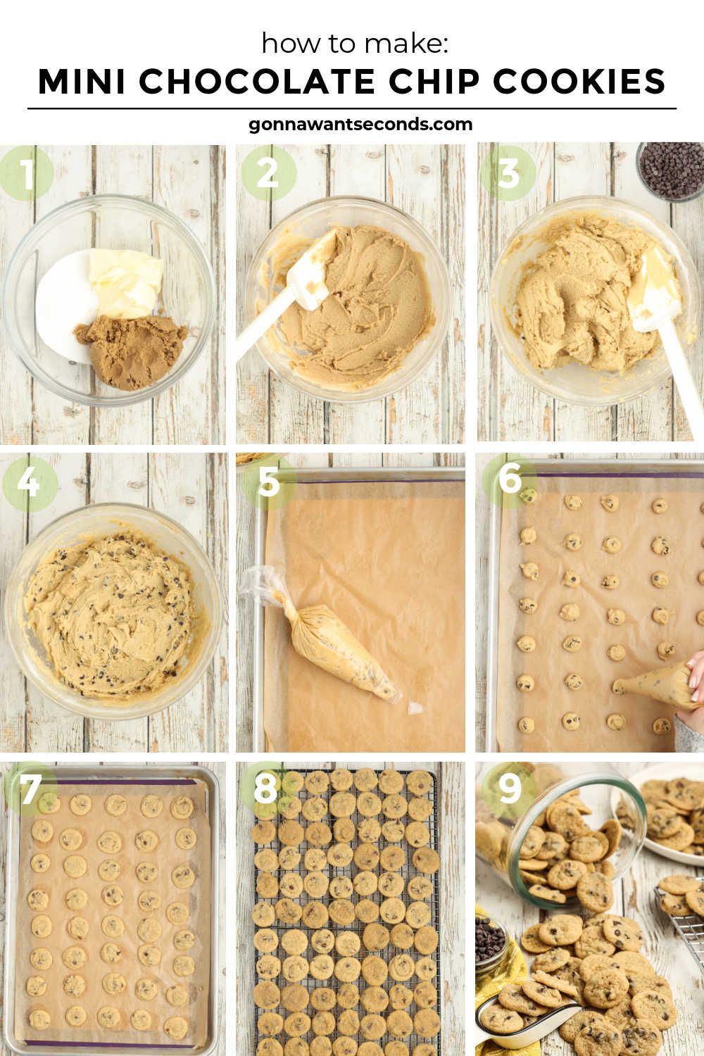 These Mini Chocolate Chip Cookies are soft, chewy, and perfectly bite-sized, with plenty of mini chocolate chips in every little cookie. #chocolatechipcookies #cookies Step by step how to make Mini Chocolate Chip Cookies