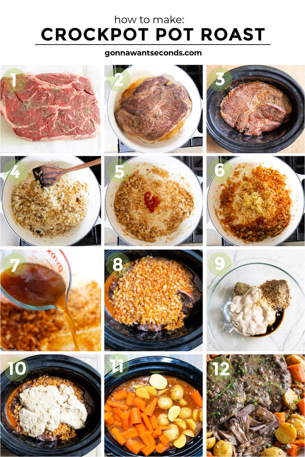 Fall-apart beef, buttery potatoes, and rich gravy—this crockpot pot roast is Sunday dinner at its coziest. A little browning builds big, savory flavor! #potroast #crockpotpotroast step by step how to make Crockpot Pot Roast