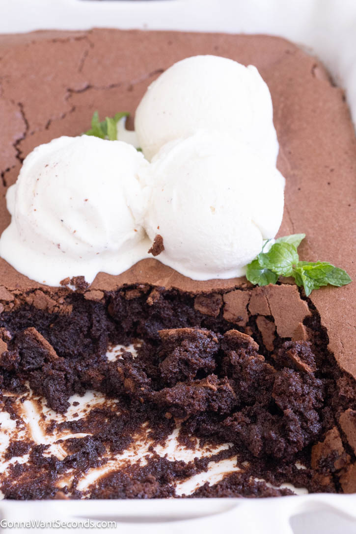 Crack through the delicate crust of Ina Garten Brownie Pudding into a rich, fudgy center. Serve warm with melting vanilla ice cream for pure chocolate bliss! #browniepudding #inagartenrecipe Close-up of scooped Ina Garten brownie pudding showing its rich, gooey chocolate texture, served under scoops of melting vanilla ice cream and mint.