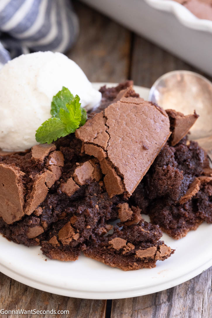 Crack through the delicate crust of Ina Garten Brownie Pudding into a rich, fudgy center. Serve warm with melting vanilla ice cream for pure chocolate bliss! #browniepudding #inagartenrecipe A single serving of rich Ina Garten brownie pudding on a white plate with a crackly top crust, served alongside a scoop of vanilla ice cream.