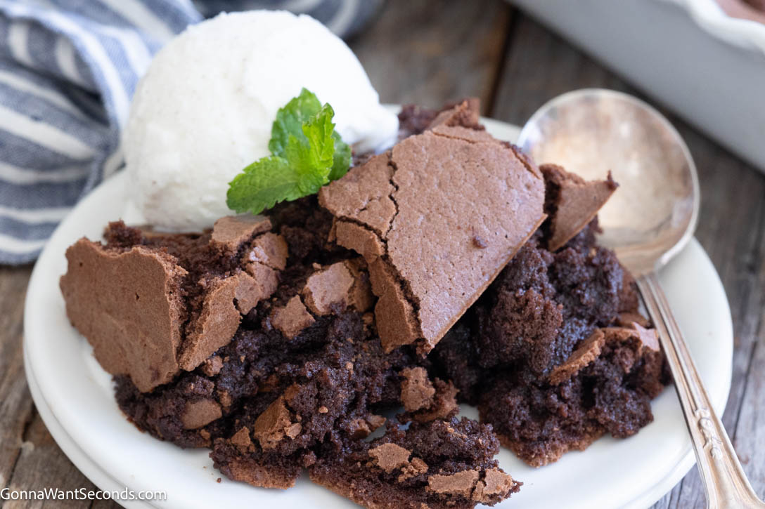 A single serving of rich Ina Garten brownie pudding on a white plate with a crackly top crust, served alongside a scoop of vanilla ice cream.